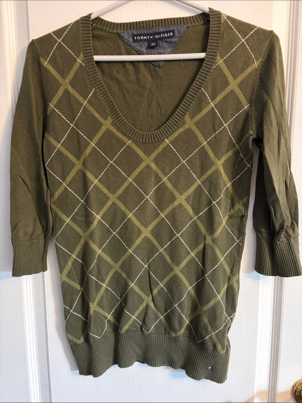 Y2K Tommy Hilfiger Olive Green Argyle V-Neck Sweater Women’s